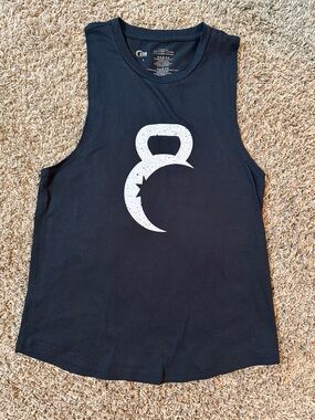 Black Graphic Muscle Tank Top with White Kettlebell Moon Design